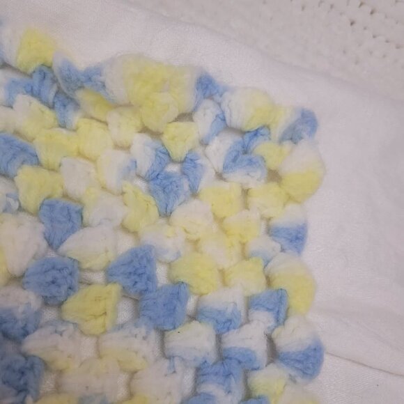 Baby Receiving Blanket Hand Crocheted 30" x 30" blue yellow white no flaws SOFT - Picture 6 of 6